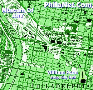 Map of Center City Philadelphia, 
the Museum of Art, and William Penn